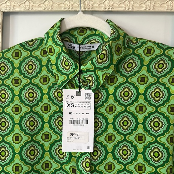 ZARA | Green Geometric Print Long Sleeve Mini Dress - Picture 4 of 12